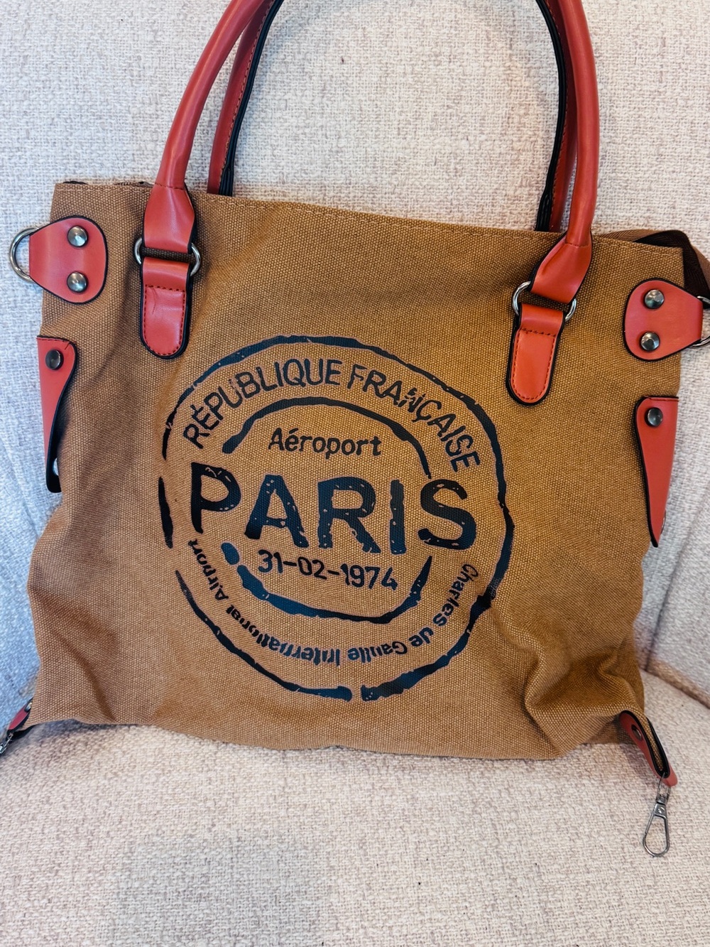 Paris Stamp Canvas Tote with Red Trim